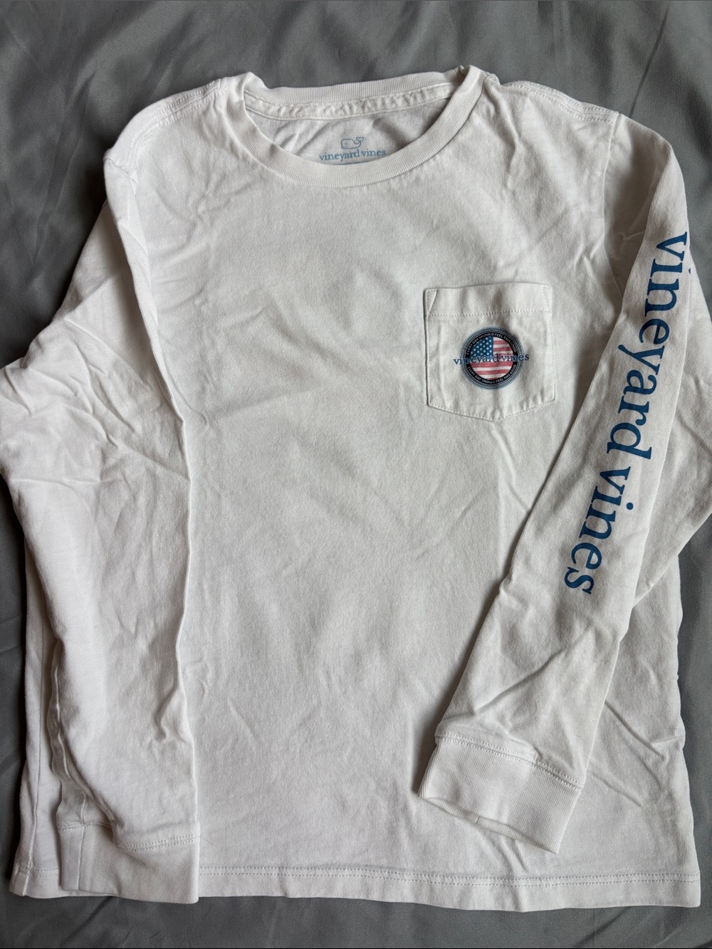 Vineyard Vines White Long-Sleeve Tee with Blue Sleeve Script and Pocket Patch